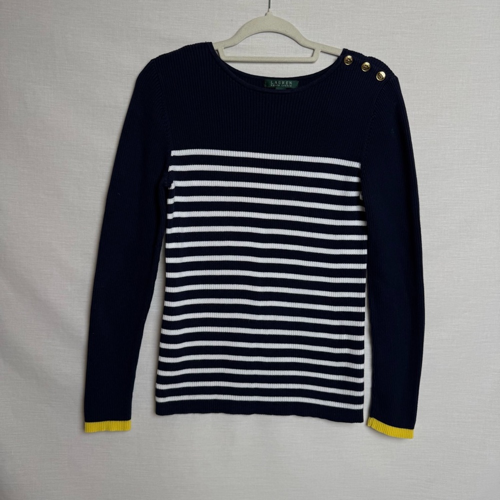 Lauren Ralph Lauren Navy Striped Cotton Sweater L | Nautical Stripe Knit